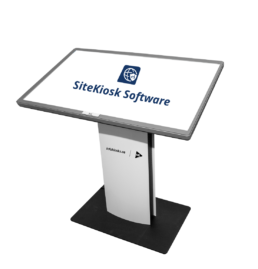 A freestanding infokiosk on a black base, white stand and with a big 32